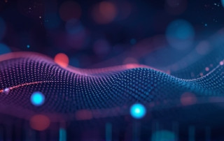 Businessperson interacting with digital interfaces and AI visuals in a modern office setting