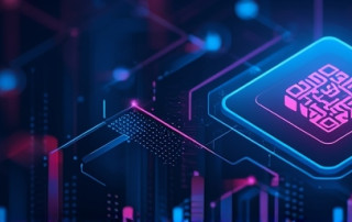 A modern cybersecurity-themed poster displays a warning about QR code phishing with abstract digital elements in the background