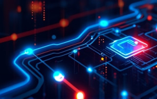 Futuristic digital dashboard with AI and cybersecurity graphics in a dark blue theme