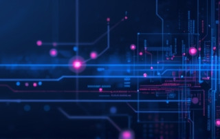 A dark office with a glowing red ransomware warning displayed on a computer screen next to server racks