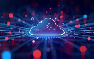 Futuristic workspace setup with digital interface overlays representing AI tools and document automation