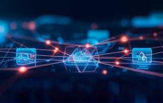 A sleek technology-themed blog layout with blue and white tones featuring graphics and text blocks.